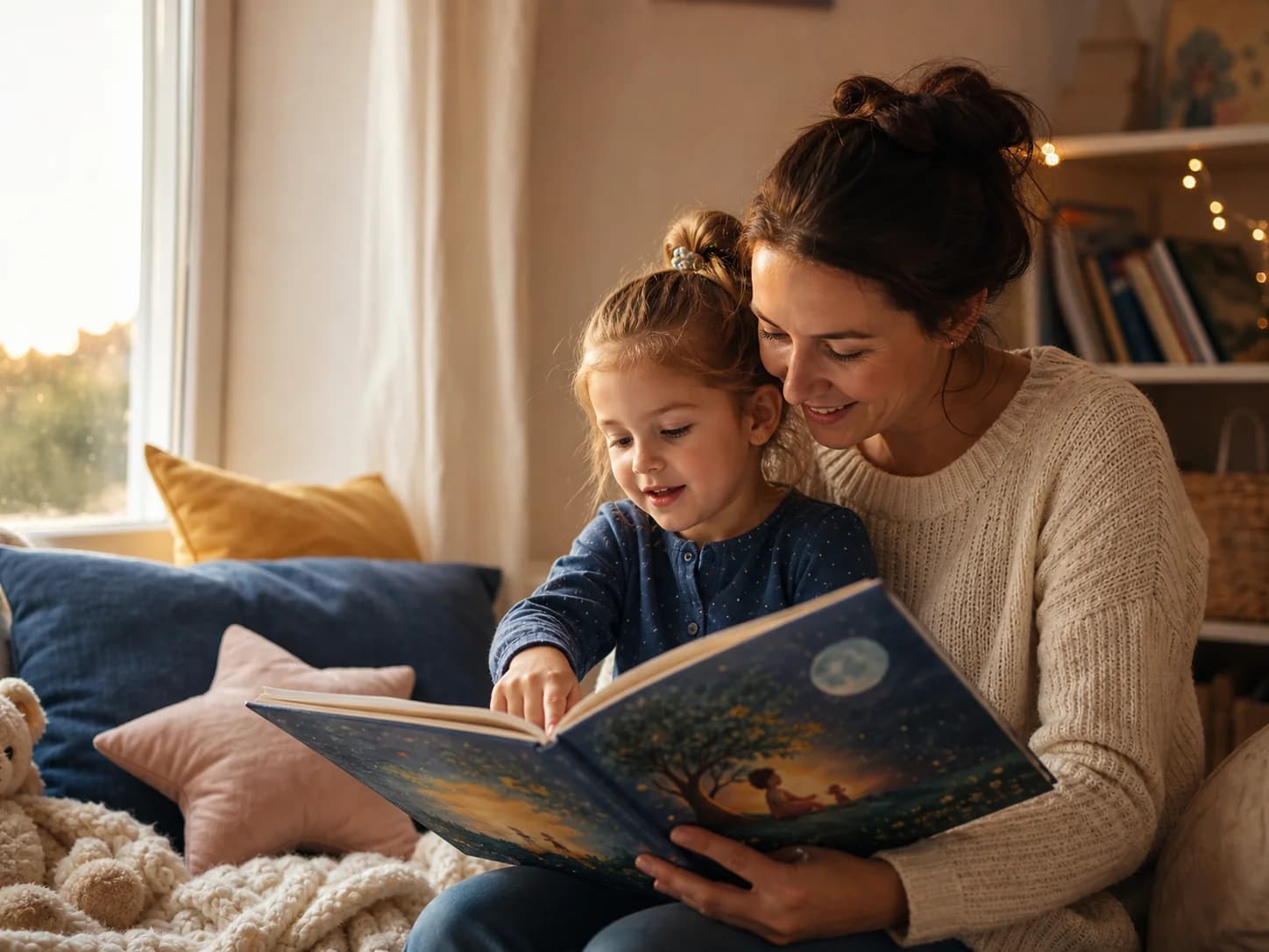 A parent and child enjoying a storybook together at home