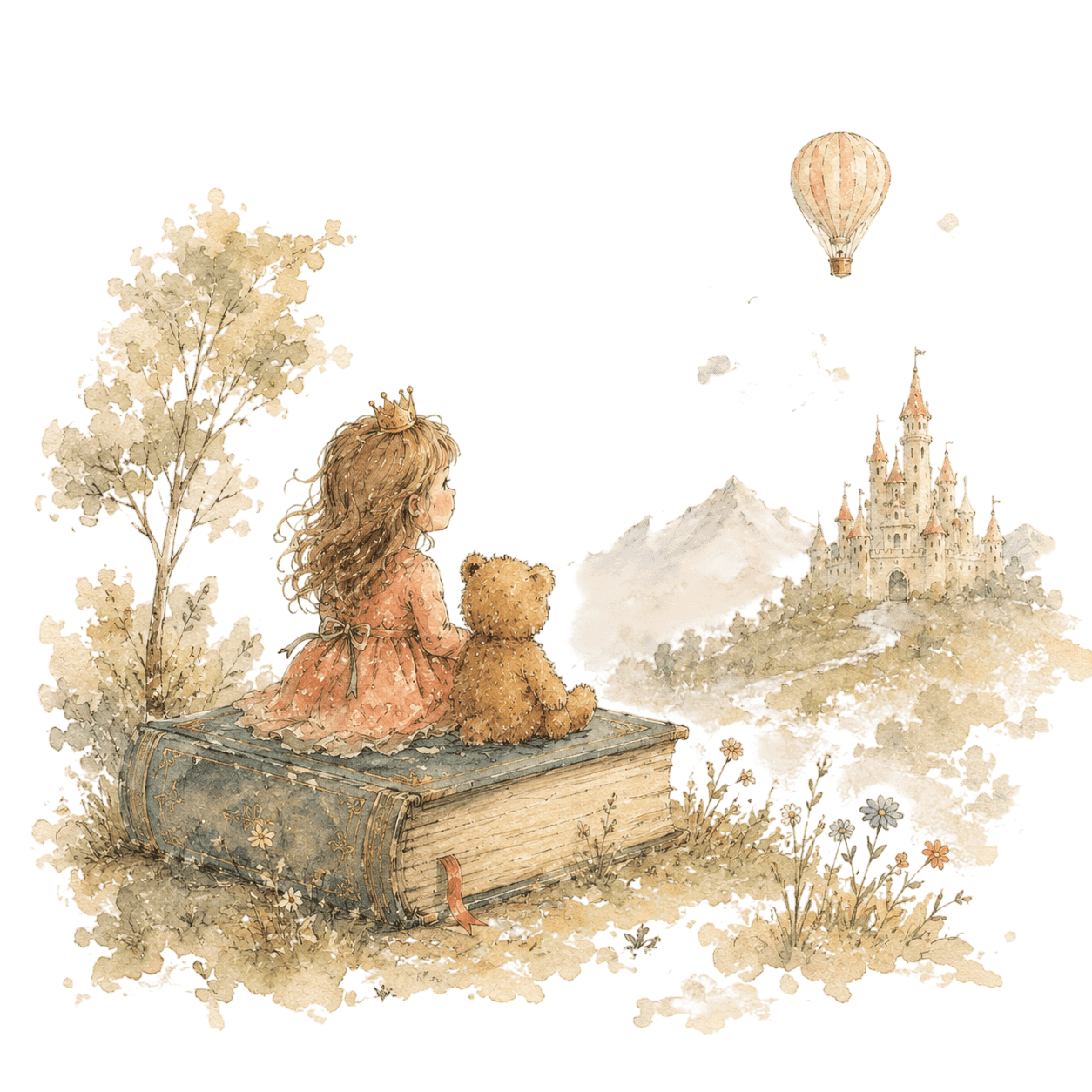 A crowned child and teddy bear sitting on a storybook and looking toward a watercolor castle