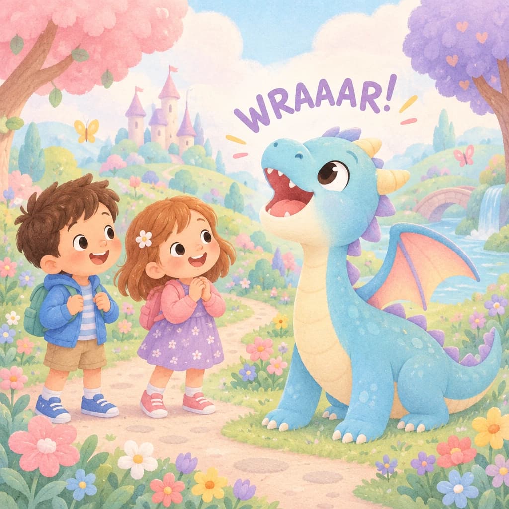 A boy and girl meet a friendly dragon in a magical garden, illustrated in Candy Pastel style