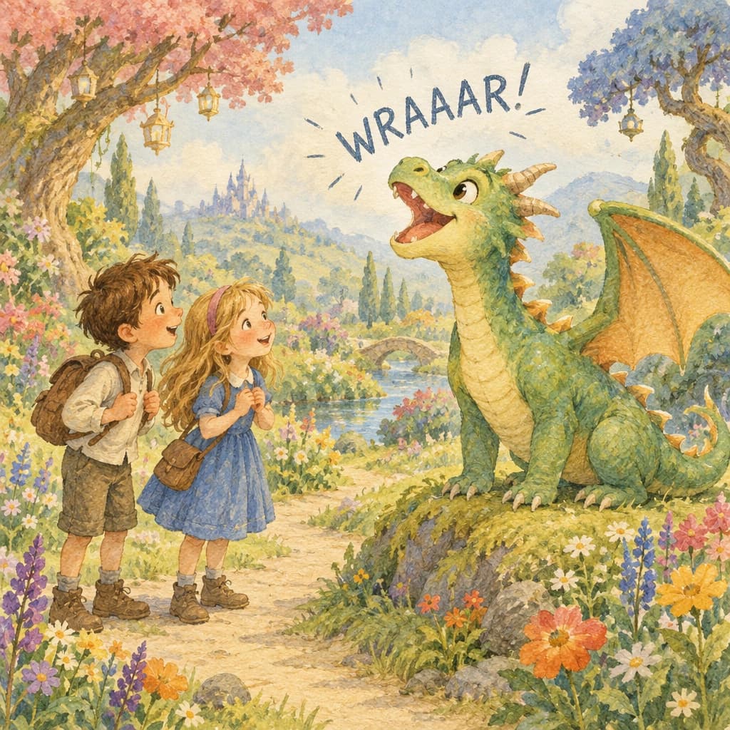 Left page: Maya and her brother follow a garden path toward a castle