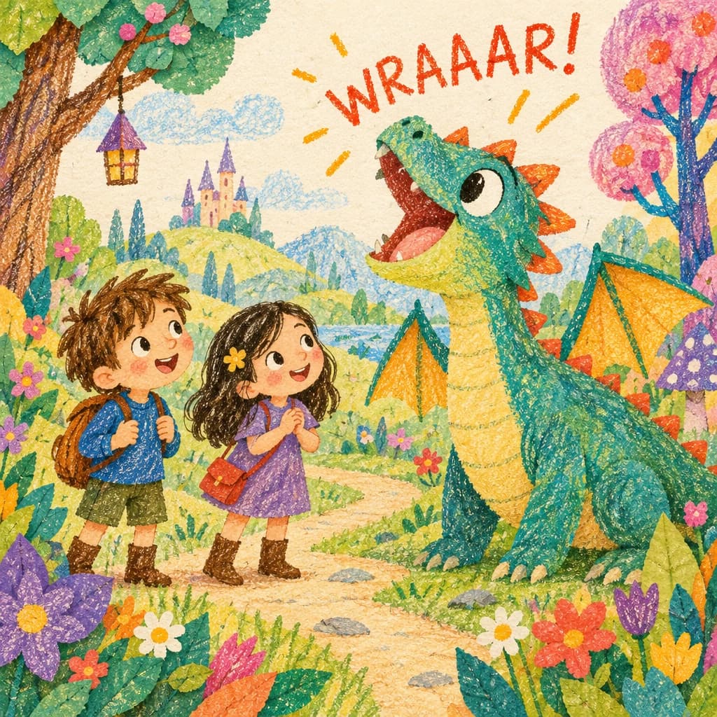 A boy and girl meet a friendly dragon in a magical garden, illustrated in Crayon & Paper style