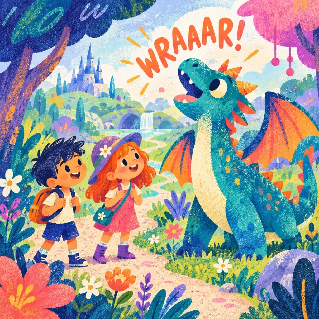 A boy and girl meet a friendly dragon in a magical garden, illustrated in Grainy Pop style