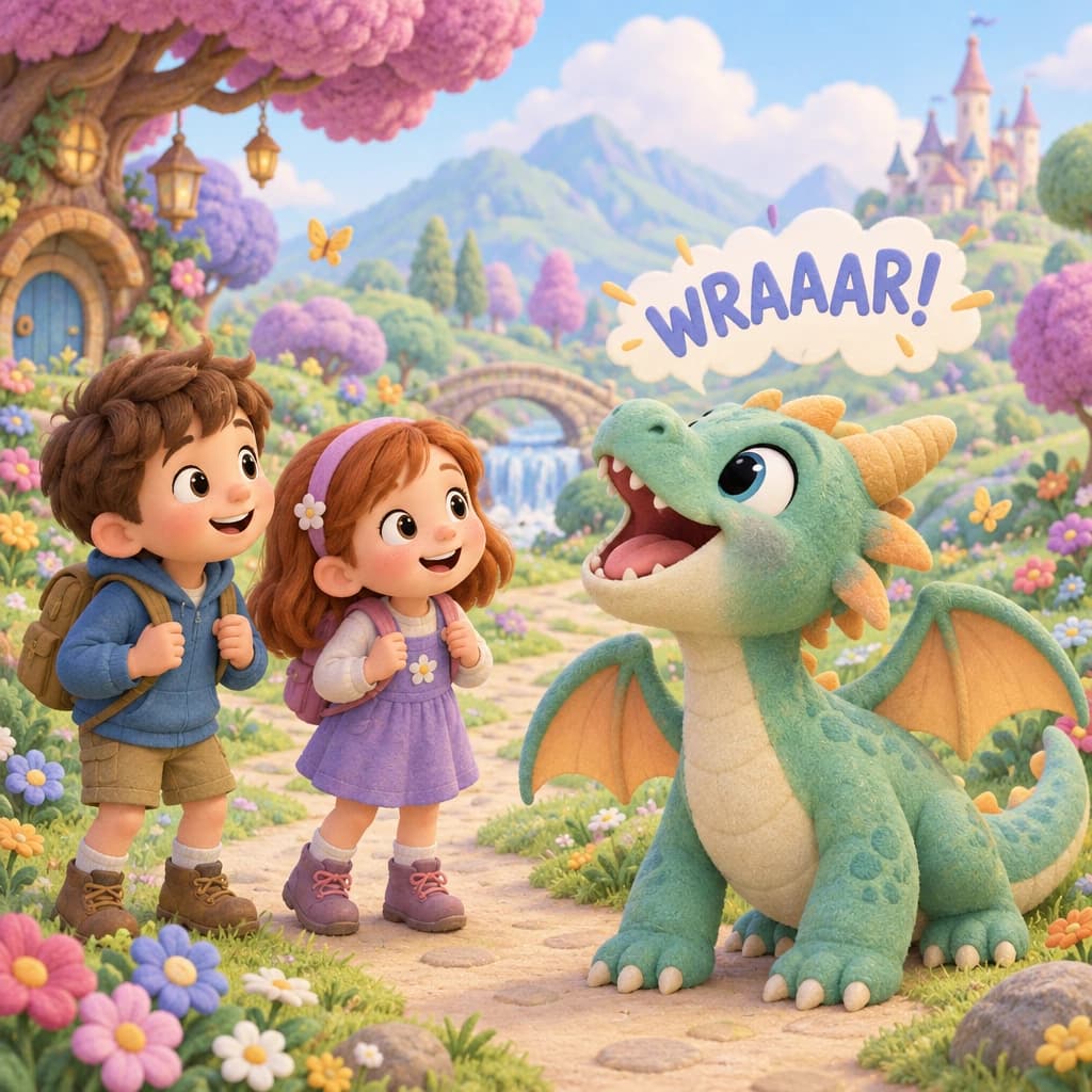 A boy and girl meet a friendly dragon in a magical garden, illustrated in Pastel 3D Storybook style