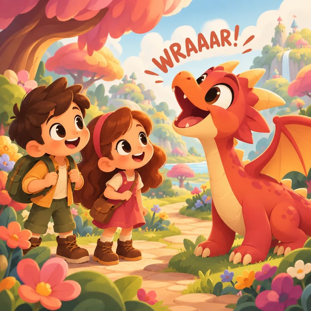 A boy and girl meet a friendly dragon in a magical garden, illustrated in Polished Vector Animation style