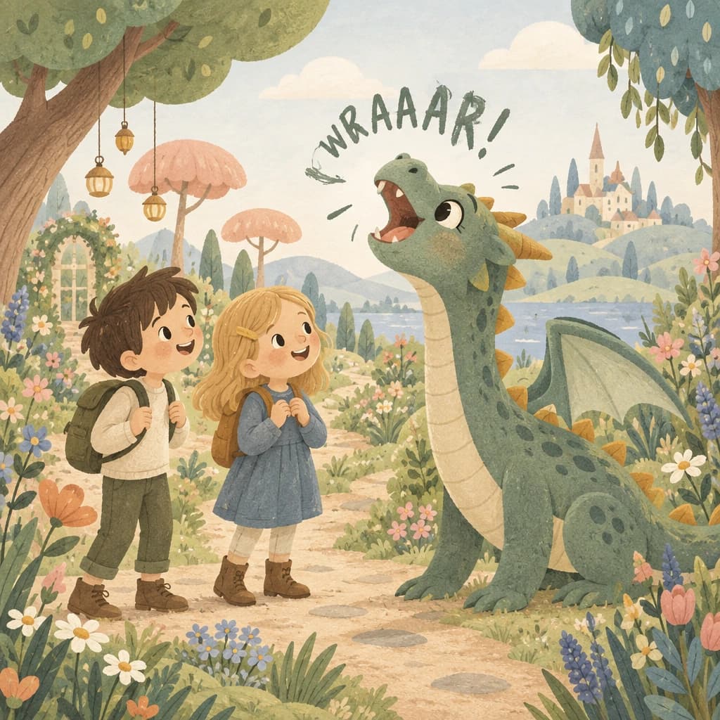 A boy and girl meet a friendly dragon in a magical garden, illustrated in Scandinavian Minimal style