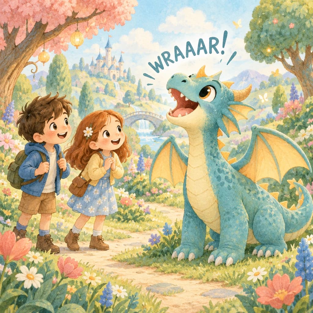 Two children meet a friendly dragon in a colorful garden