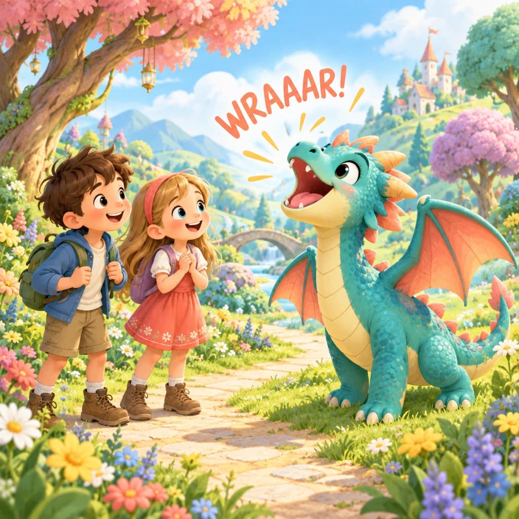A boy and girl meet a friendly dragon in a magical garden, illustrated in Sunny Storybook style