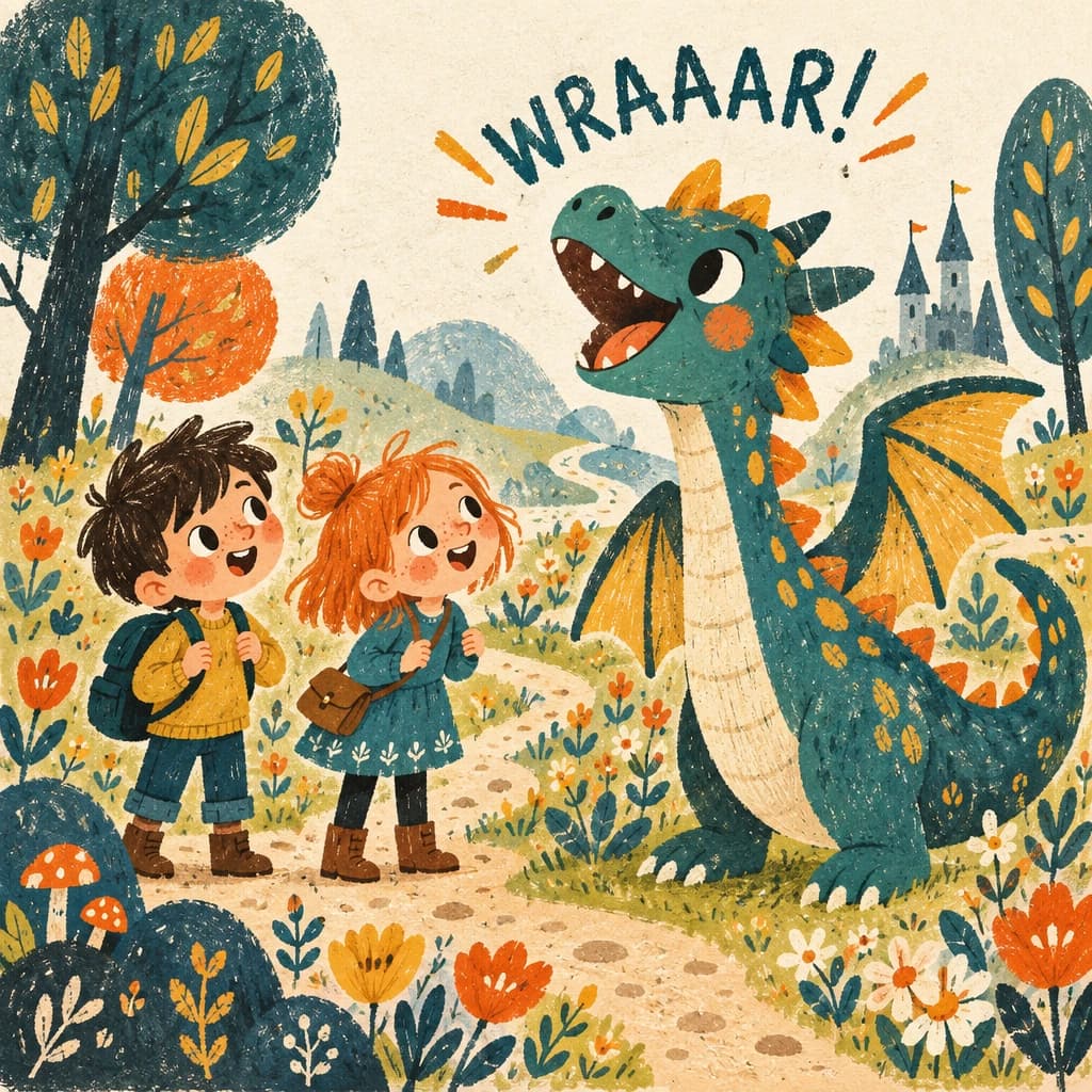 A boy and girl meet a friendly dragon in a magical garden, illustrated in Whimsical Gouache style